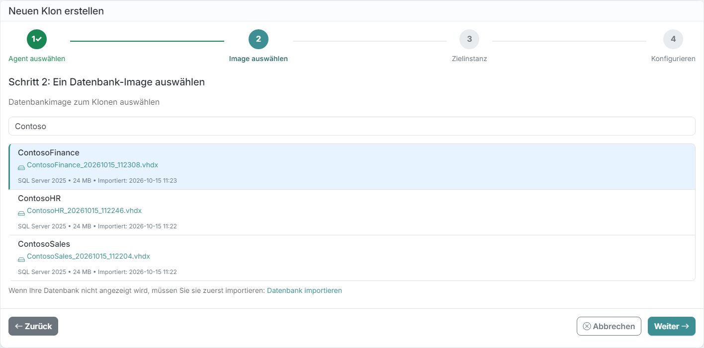 DataTamed Klon-Assistent, Schritt 2: Datenbank-Image auswählen