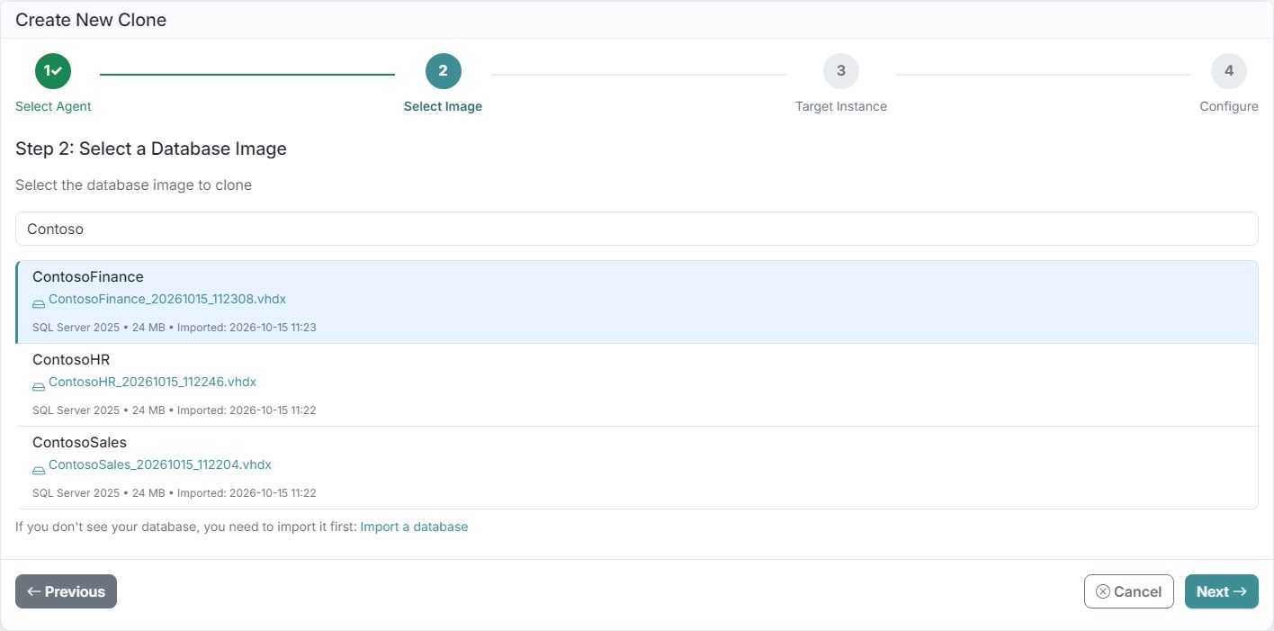 DataTamed clone wizard, step 2: Choose a database image