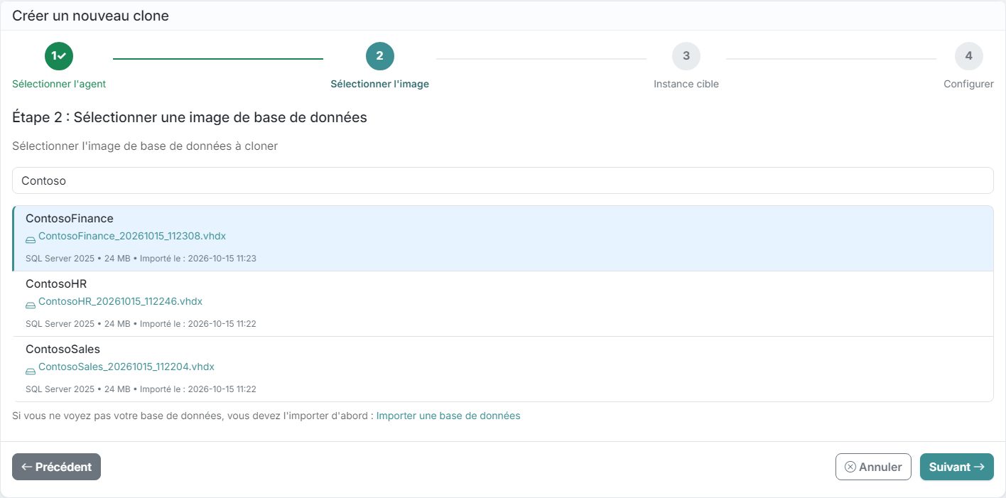 Assistant de clonage DataTamed, étape 2: Choisir une image de base de données