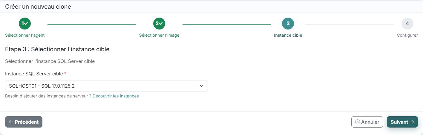 Assistant de clonage DataTamed, étape 3: Choisir l'instance cible